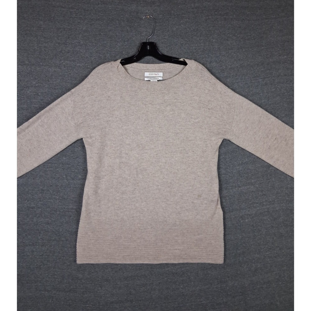 Ellen Tracy Womens Sweater Large Oatmeal Tan 100% Cashmere Wool Ribbed Soft